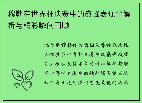 穆勒在世界杯决赛中的巅峰表现全解析与精彩瞬间回顾