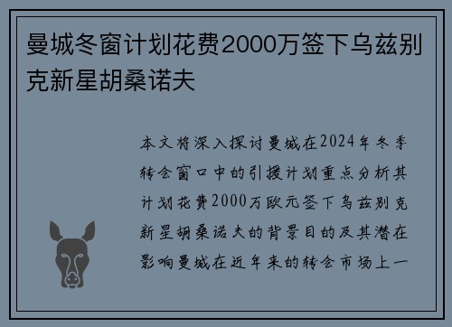 曼城冬窗计划花费2000万签下乌兹别克新星胡桑诺夫